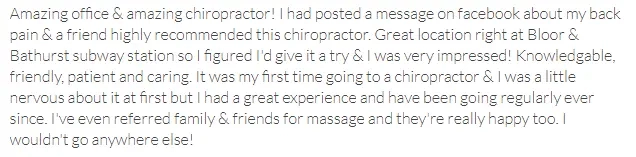 Chiropractic Toronto ON Testimonial 1 5-star review from patient praising Ritacco Chiropractic's amazing office and chiropractor.
