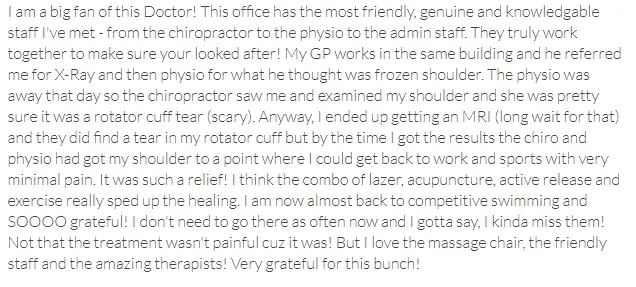 Chiropractic Toronto ON Testimonial 2 5-star review from patient praising Ritacco Chiropractic's chiropractors.