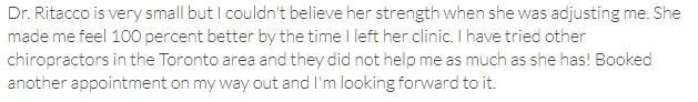 Chiropractic Toronto ON Testimonial 5 5-star review from patient praising Dr. Rosalie Ritacco D.C. .