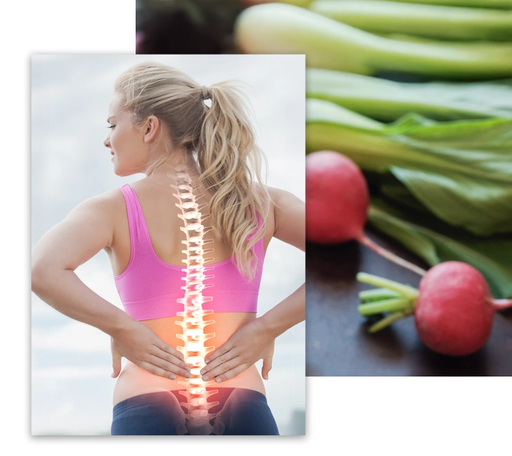 Chiropractic Toronto ON Woman With Back Pain And Vegetables Woman holding her back in pain.